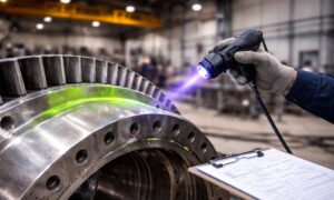 Quality control inspector utilizing Non-Destructive Testing (NDT) for Castings on an aerospace part