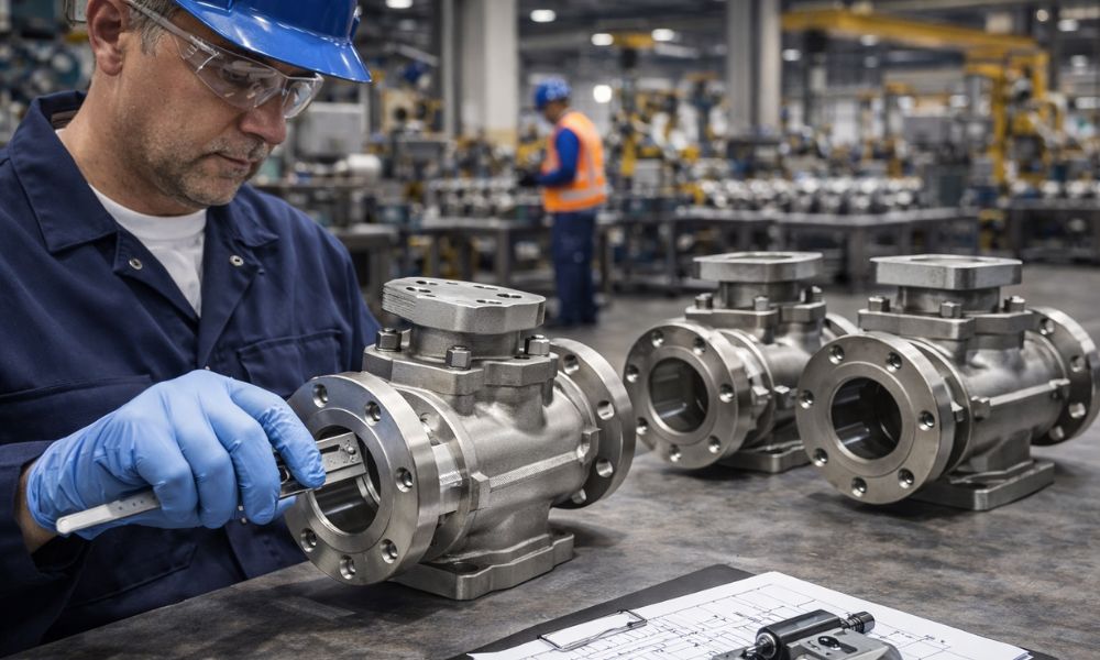 Quality inspector at a plug valve casting manufacturer examining precision metal components